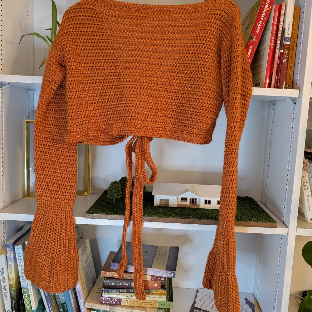 Handmade Women's Bolero Corchet Tie Up Cardigan Bell Sleeves Orange Knit Medium - Picture 3 of 4
